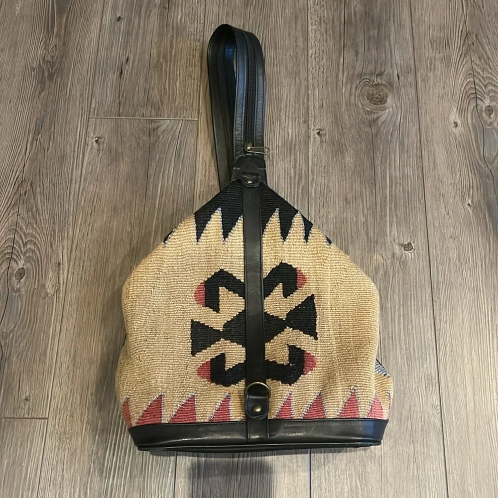 Kilim Black and Tan Tapestry Small Backpack with Black Leather Trim - Picture 15 of 16